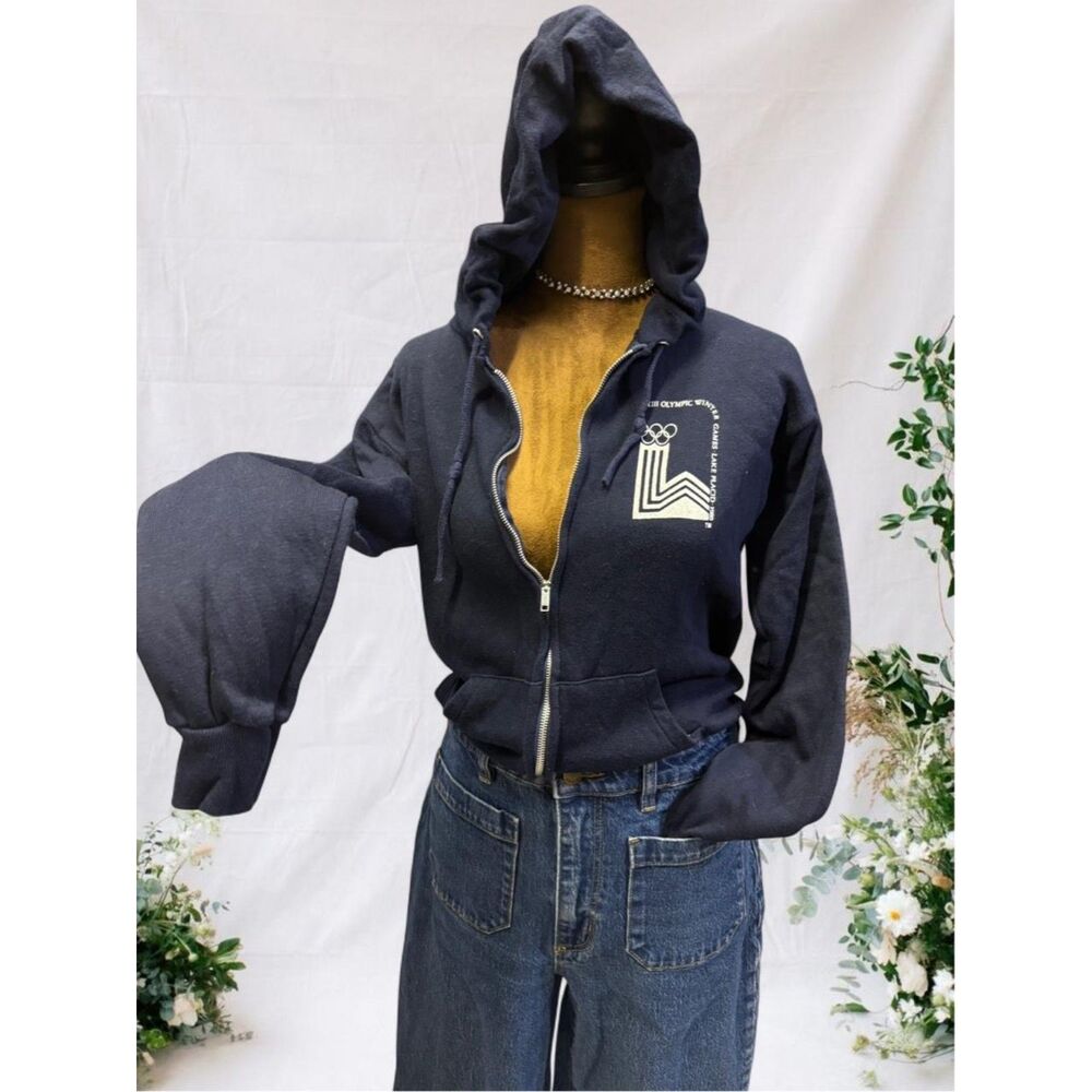 Vintage Retro Olympic Sports Lounge 80s Navy Gorpcore Cotton Casual ZipUp Hoodie